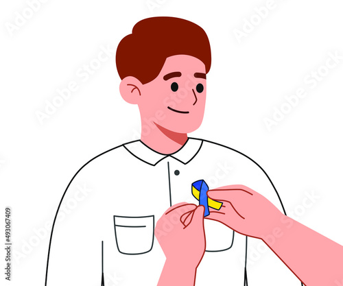 I stand with Ukraine Illustration. Protest organizer distributing Ukrainian blue and yellow ribbons to people protesting against war in Ukraine. support for Ukraine
