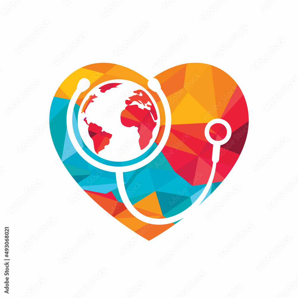 World care vector logo template. Globe sign and stethoscope doctor