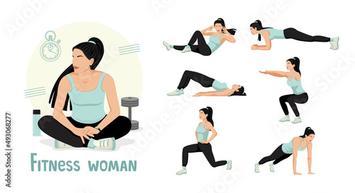 Set of workouts for women. Fitness classes. Lunges, Push-ups, Squats, Plank. Body workout. The concept of an active and healthy life. Vector illustration isolated on white background