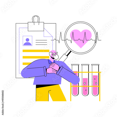 Cardiac patient card abstract concept vector illustration. Medical record, heart attack, cardiovascular surgery, sick patient, blood test, physicians exam, hospital document abstract metaphor.