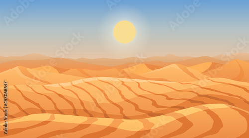 Landscape desert dunes. Mountains from sand. Cartoon dry desert under sun  endless sand desert. Nature background   illustration
