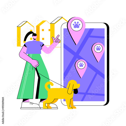 Dogs friendly place abstract concept vector illustration. Dog friendly restaurant, special area for dogs free walking, welcome sign, hotel accepting animals, shopping with pet abstract metaphor.
