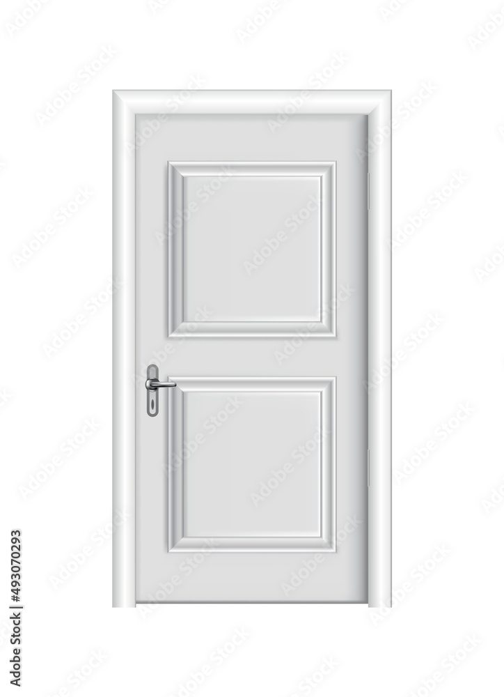 Closed white entrance. Realistic door with frame isolated on white background. Clean design white door template. Decorative house element Closed white entrance. Realistic door with frame isolated on white background. Clean design white door template. Decorative house element