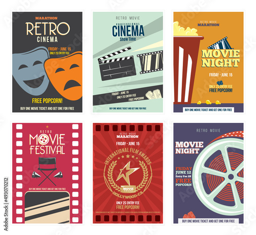 Colorful Retro Cinema Poster with movie design elements, Film Projector, popcorn,  glasses, clapper, megaphone, reel and more.  Vintage Collection of  Cinematography Icons. 
