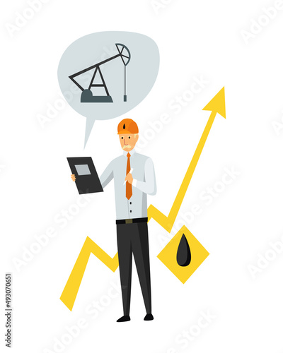 Oil petroleum industry. Engineer or oilman in professional work process isolated. Control extraction or transportation oil and petrol on flat cartoon icon. Isolated  illustration photo
