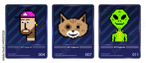Pixel arts NFT in card collection. Banner Non-fungible token with cryptocurrency NFT cards. 3D hologram CryptoArts ticket with neon and squares blockchain, ERC20, ethereum. Non-fungible token. Vector photo