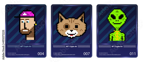 Pixel arts NFT in card collection. Banner Non-fungible token with cryptocurrency NFT cards. 3D hologram CryptoArts ticket with neon and squares blockchain, ERC20, ethereum. Non-fungible token. Vector