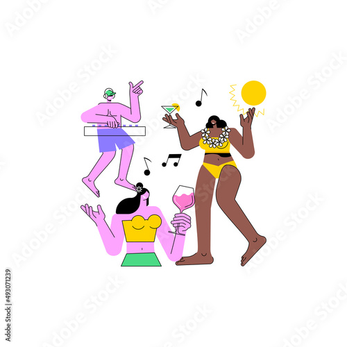 Beach party abstract concept vector illustration. Sand dance floor, beach party invite, open air, summer event, all inclusive, cocktails on sunset, vacation, girls in sweamsuit abstract metaphor.