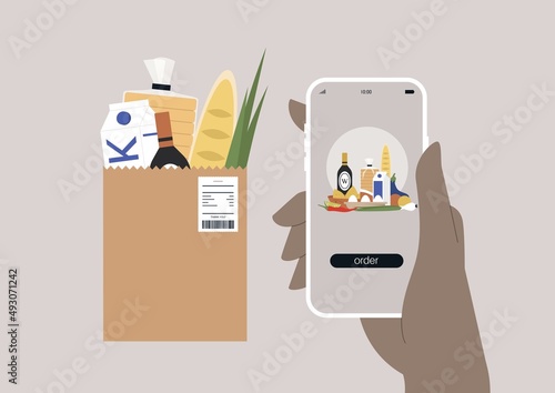 Online food delivery service, a hand holding a mobile phone, a grocery bag with organic vegetables, bread, and dairy products