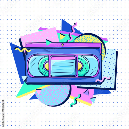 Video cassette 90s style poster. Retro videotape for video recording. Movie night banner. 1990s trendy illustration. Nostalgia for the 90s.