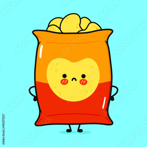 Cute sad chips character. Vector hand drawn cartoon kawaii character illustration icon. Isolated on blue background. Angry chips character concept
