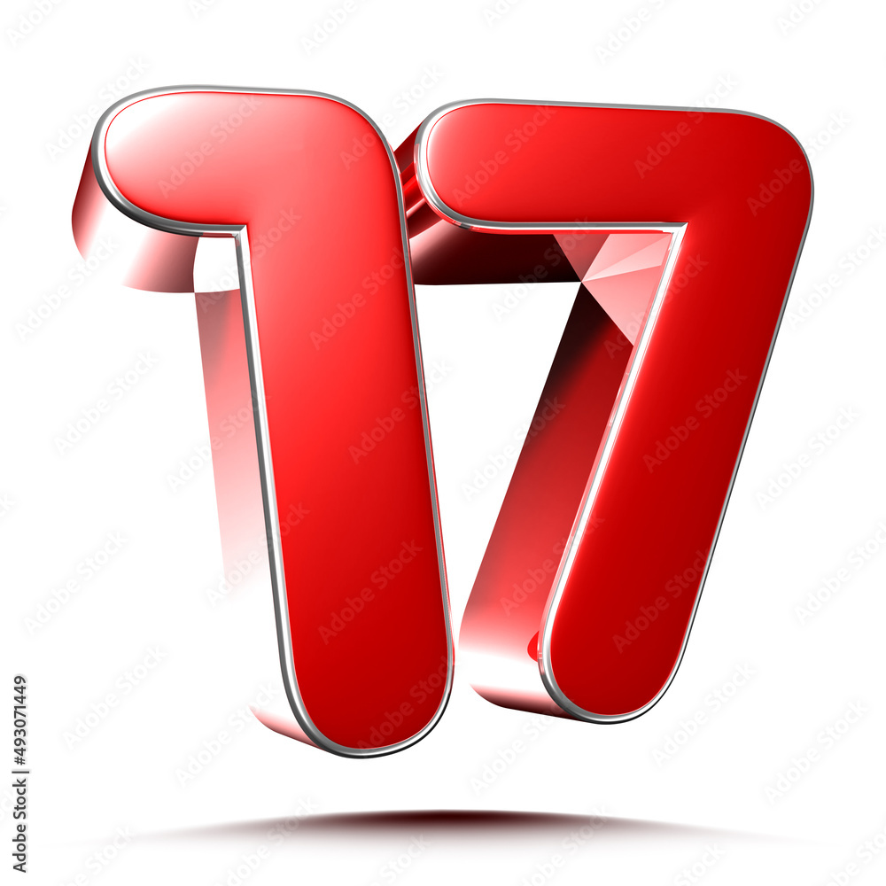 Rounded red number 17 on white background 3D illustration with clipping path. Rounded red number 17 on white background 3D illustration with clipping path.