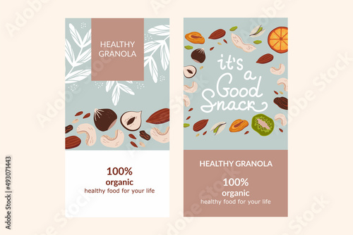 Healthy granola packaging design template. Colorful hand drawn vector illustration of dried fruits and nuts.