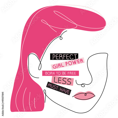 Feminist women face with label quote GIRL POWER, BORN TO BE FREE, PERFECT, LESS and MUST HAVE. Vector illustration for International Women day