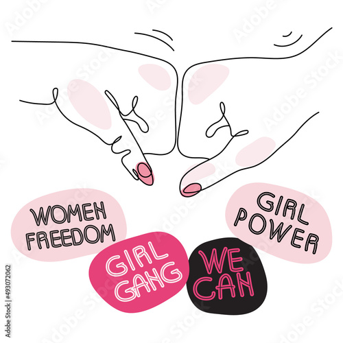Feminist girl gang power fist and set stickers quote GIRL POWER, WE CAN, WOMEN FREEDOM and GIRL GANG. Vector illustration for International Women day