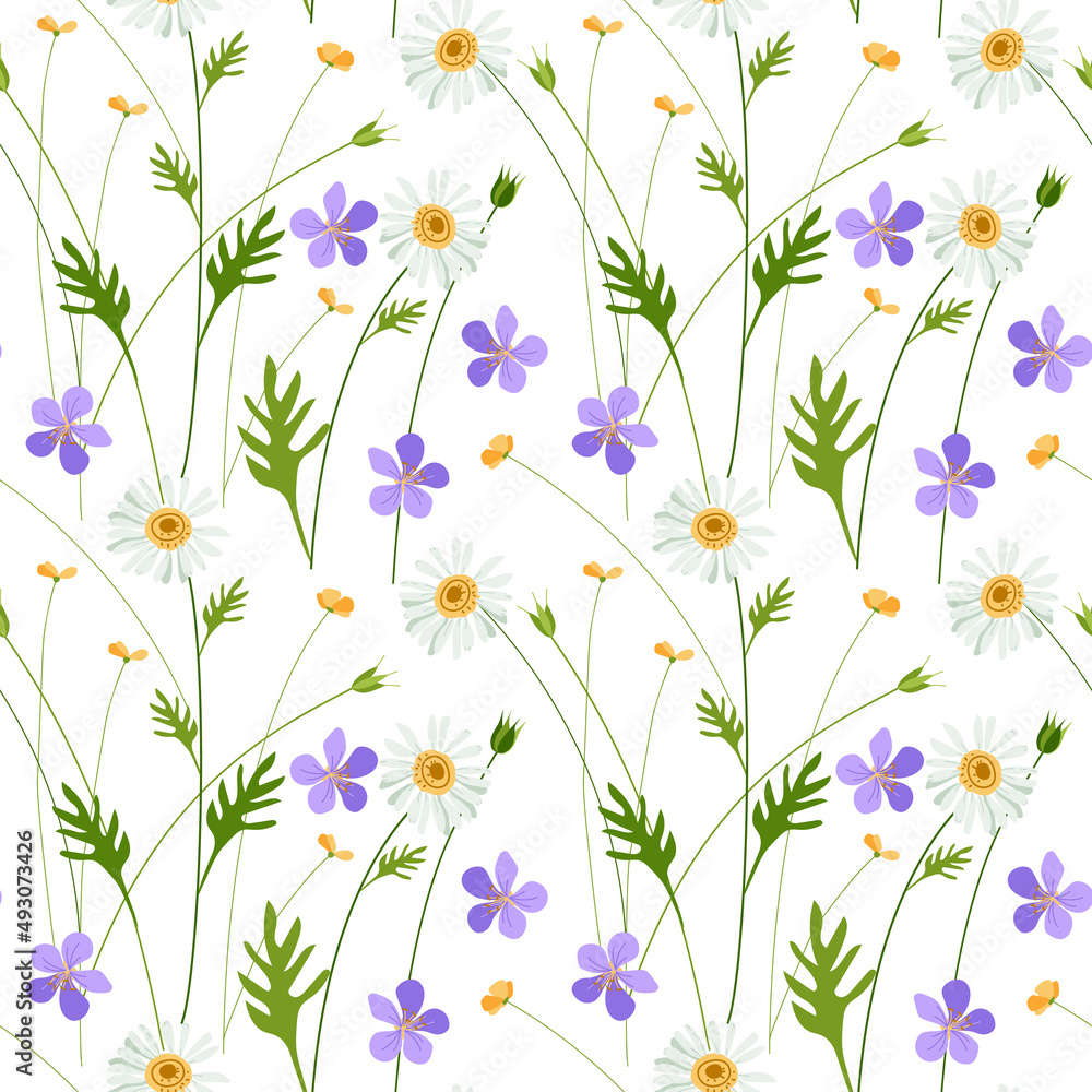 Seamless pattern of daisies and wildflowers. Cute summer print. Vector illustration on a white background for decor and wrapping paper