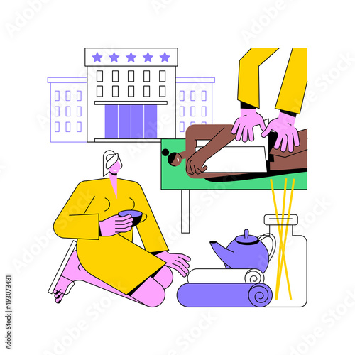 Wellness and spa hotel abstract concept vector illustration. Massage and bodywork service, spa center, luxury resort, wood bath, holistic wellness, body care, swimming pool abstract metaphor.
