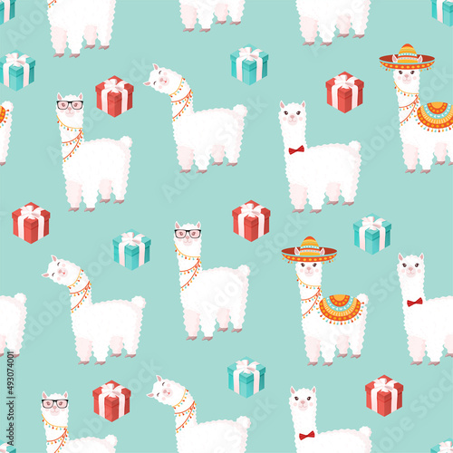 Seamless pattern with funny llamas in a sombrero with gifts on a blue background. Vector illustration suitable for baby texture, textile, fabric, poster, greeting card, decor. Cute alpaca from Peru.