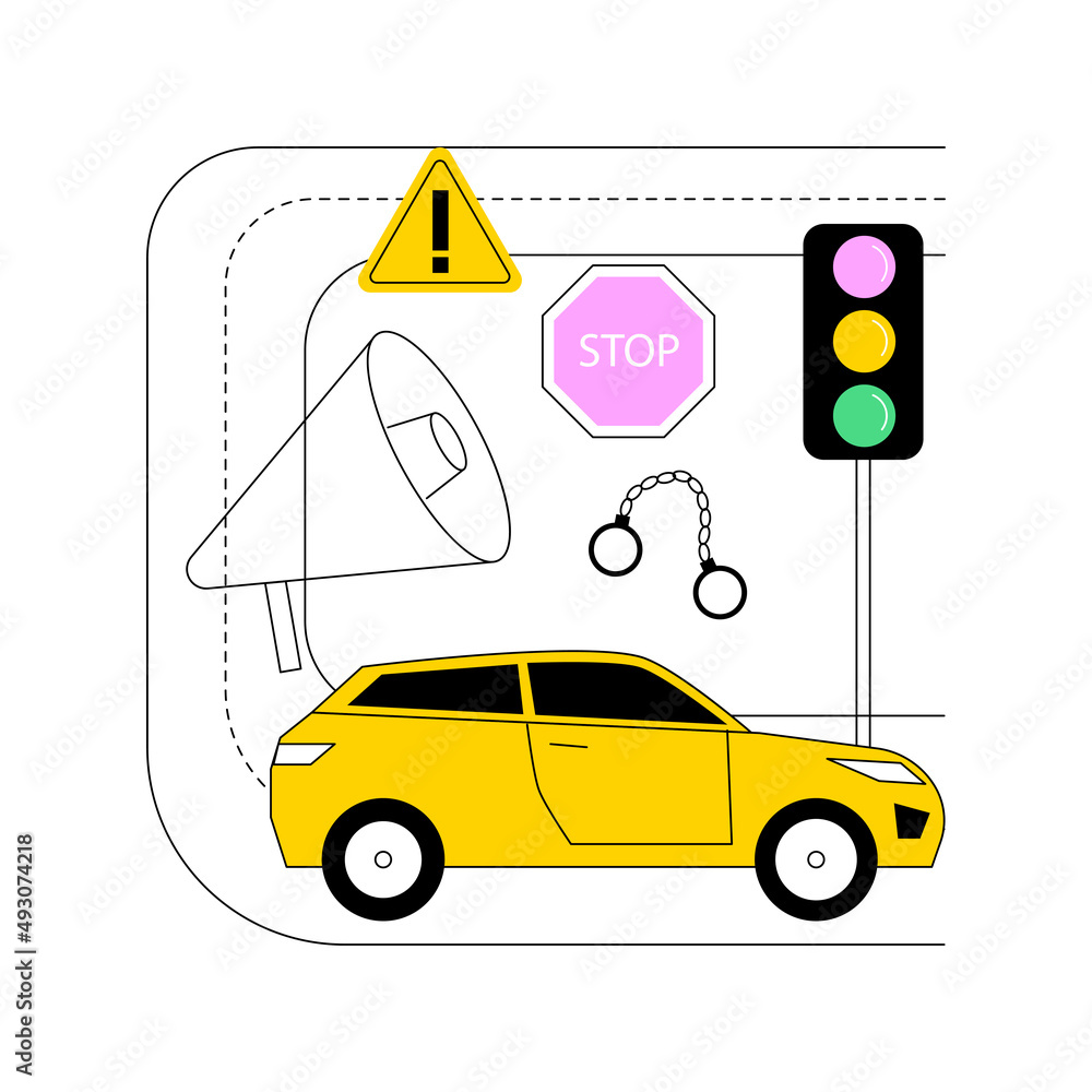 Naklejka premium Traffic crime abstract concept vector illustration. Criminal traffic, road crime, car hit and run, under the influence, reckless driving, primary offense, rules violation abstract metaphor.