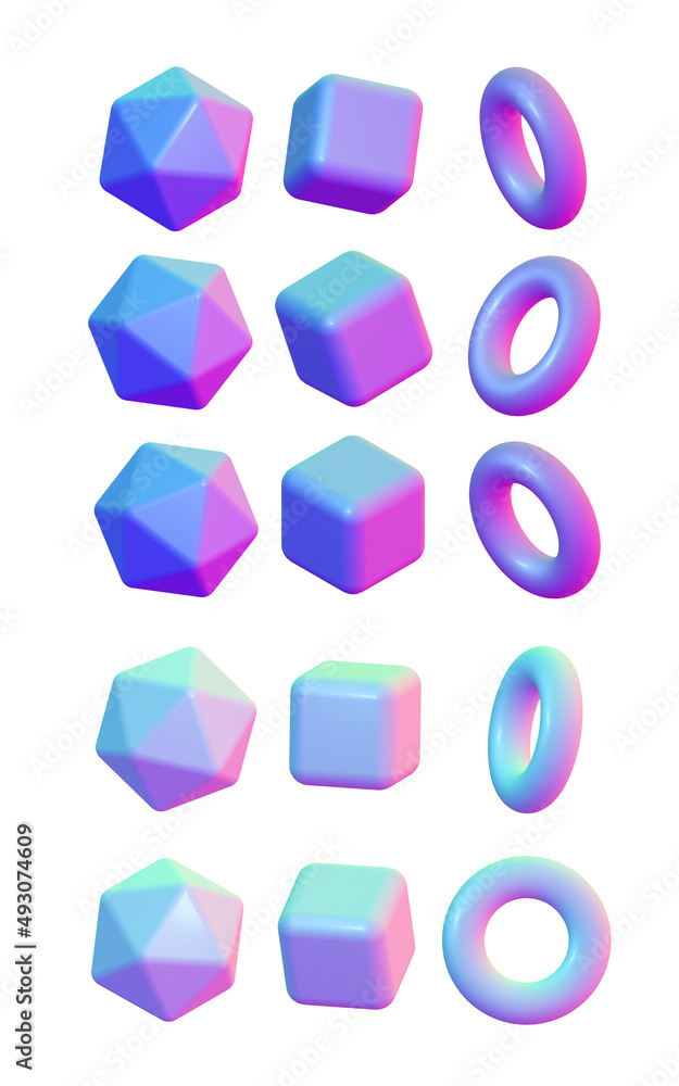 Set of primitive 3D objects for decoration and background in pastel multi-colored colors. Icosahedron, cube, torus. Set of primitive 3D objects for decoration and background in pastel multi-colored colors. Icosahedron, cube, torus.