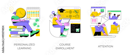 Flexible study plan abstract concept vector illustration set. Personalized learning, course enrollment, attention, apply for degree program, new student, concentration, multitasking abstract metaphor.