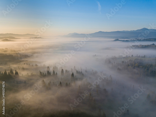 Morning fog in the Ukrainian Carpathians. Aerial drone view.