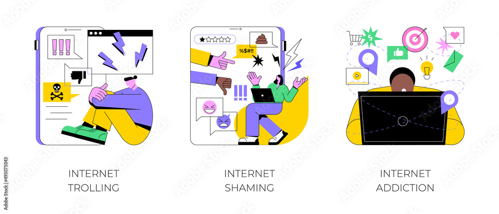 Social media behavior abstract concept vector illustration set. Internet trolling and shaming, internet addiction, digital harassment, stalking and bullying, emotional message abstract metaphor.