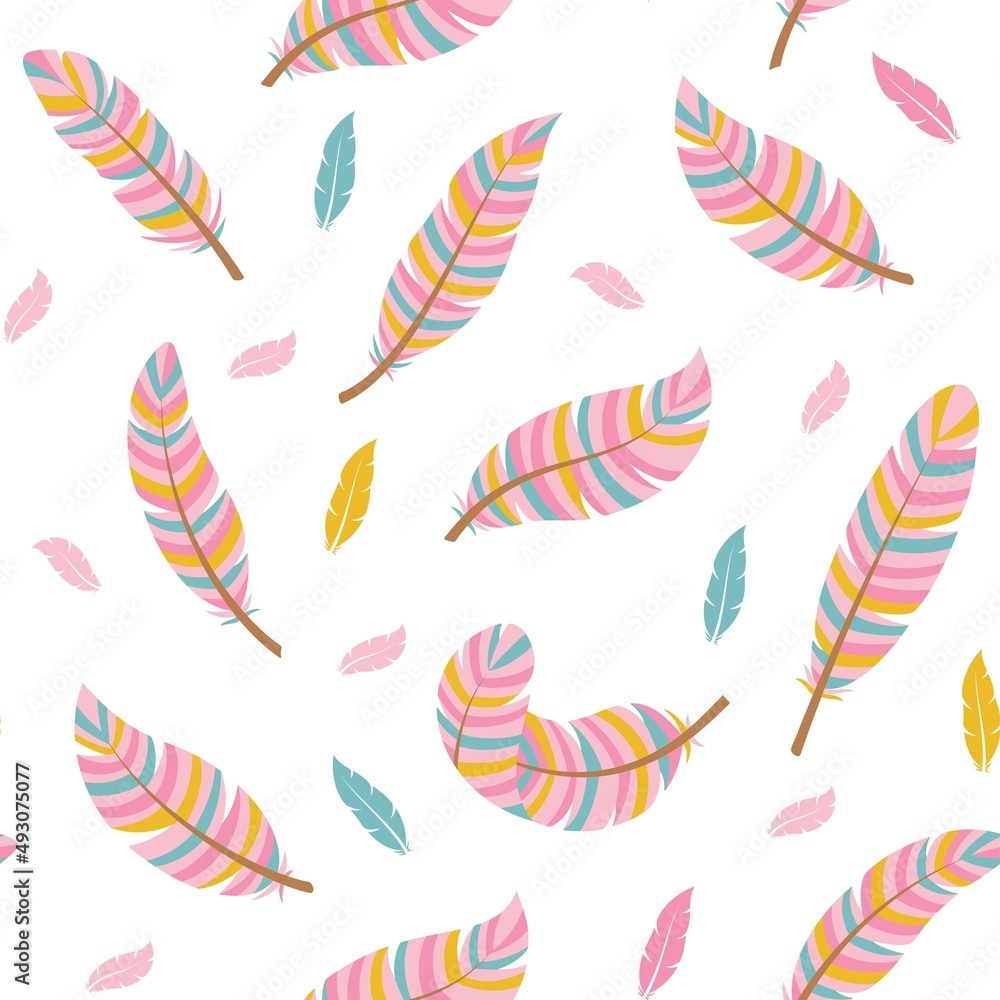 Seamless pattern in boho style with colorful feathers. Vector illustration