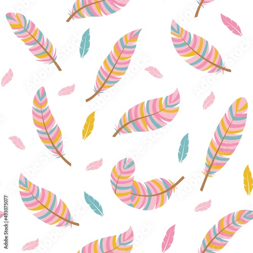 Seamless pattern in boho style with colorful feathers. Vector illustration