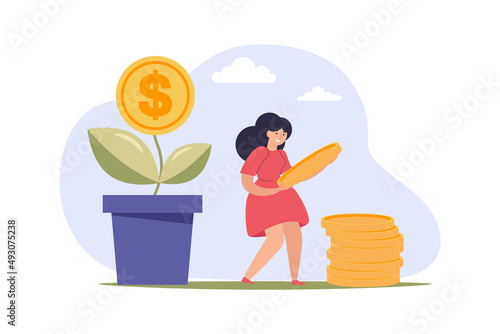 Concept of income growth, money, investment, capital. Business woman receives an investment. Dollar in flower pot. Savings and Managing Finance. Budget, finance, Money. Abstract Vector illustration  © Марина Волкова