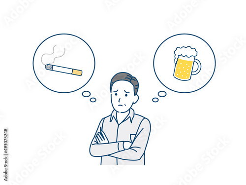禁煙　禁酒　依存症に悩む中高年の男性　喫煙者　タバコ　ビール　飲酒　ニコチン