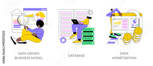 Data business strategy abstract concept vector illustration set. Data driven business model, database, data monetization, decision making, information storage, analysis service abstract metaphor.