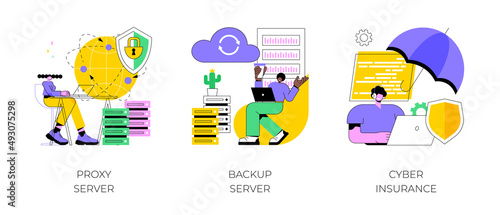 Online data access and security abstract concept vector illustration set. Proxy server, backup server, cyber insurance, computer networking, IP address, IT security, data hacking abstract metaphor.