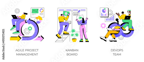 Software development company abstract concept vector illustration set. Agile project management, kanban board, devOps team, scrum meeting, project life cycle, stakeholder, testing abstract metaphor. © Vector Juice