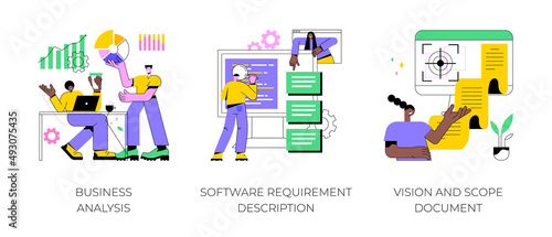Project development specifications abstract concept vector illustration set. Business analysis, software requirement description, vision and scope document, SWOT analysis, user case abstract metaphor.