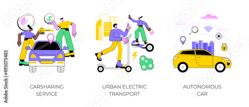 Urban transportation abstract concept vector illustration set. Carsharing service, urban electric transport, autonomous car, rental service, city lifestyle, self-driving vehicle abstract metaphor.