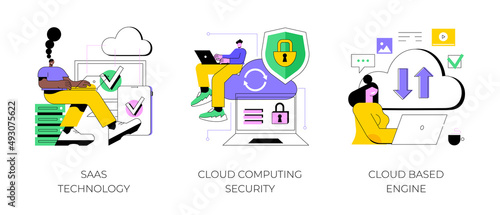 Cloud software abstract concept vector illustration set. SaaS technology, cloud computing security, cloud based engine, data protection, virtual application, storage access abstract metaphor.