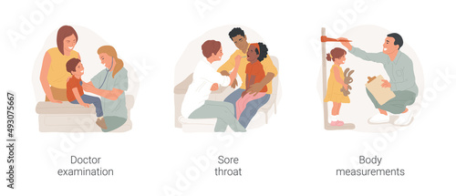 Visiting family doctor isolated cartoon vector illustration set. Doctor examine child with stethoscope, check sore throat with a stick, kid with open mouth, make body measurements vector cartoon.