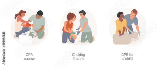 CPR course for parents isolated cartoon vector illustration set. First aid course, adult train heart massage on child dummy, pushing kid chest from behind, choking cpr instruction vector cartoon. © Vector Juice