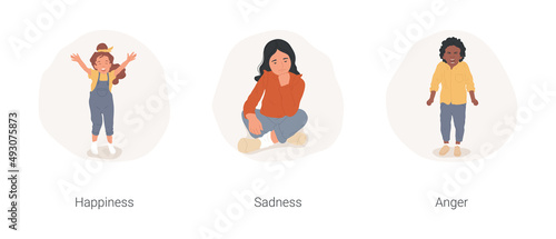 Kids emotions isolated cartoon vector illustration set. Happy kid showing emotions, child feeling sadness, girl with sad facial expression, anger management, little boy shouting vector cartoon.