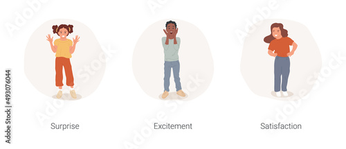 Children expressing emotions isolated cartoon vector illustration set. Surprised girl, make big eyes, happy expression, excited smiling child, feeling satisfaction with achievement vector cartoon.