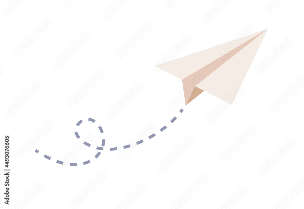 Paper air plane flying. Origami paper plane icon. Route of aircraft in form of dotted line. Vector flat illustration Paper air plane flying. Origami paper plane icon. Route of aircraft in form of dotted line. Vector flat illustration