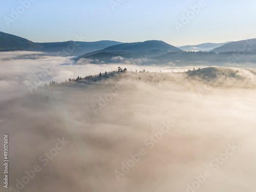 Flight over fog in Ukrainian Carpathians in summer. Mountains on the horizon. A thick layer of fog covers the mountains with a continuous carpet. Aerial drone view.