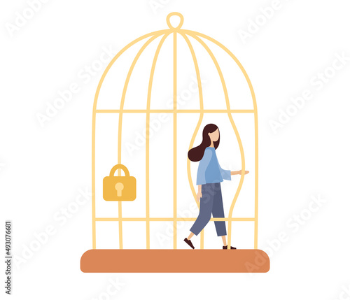 Tiny woman character escaping from the cage. Concept of freedom, psychology, leaving, change. Vector flat illustration
