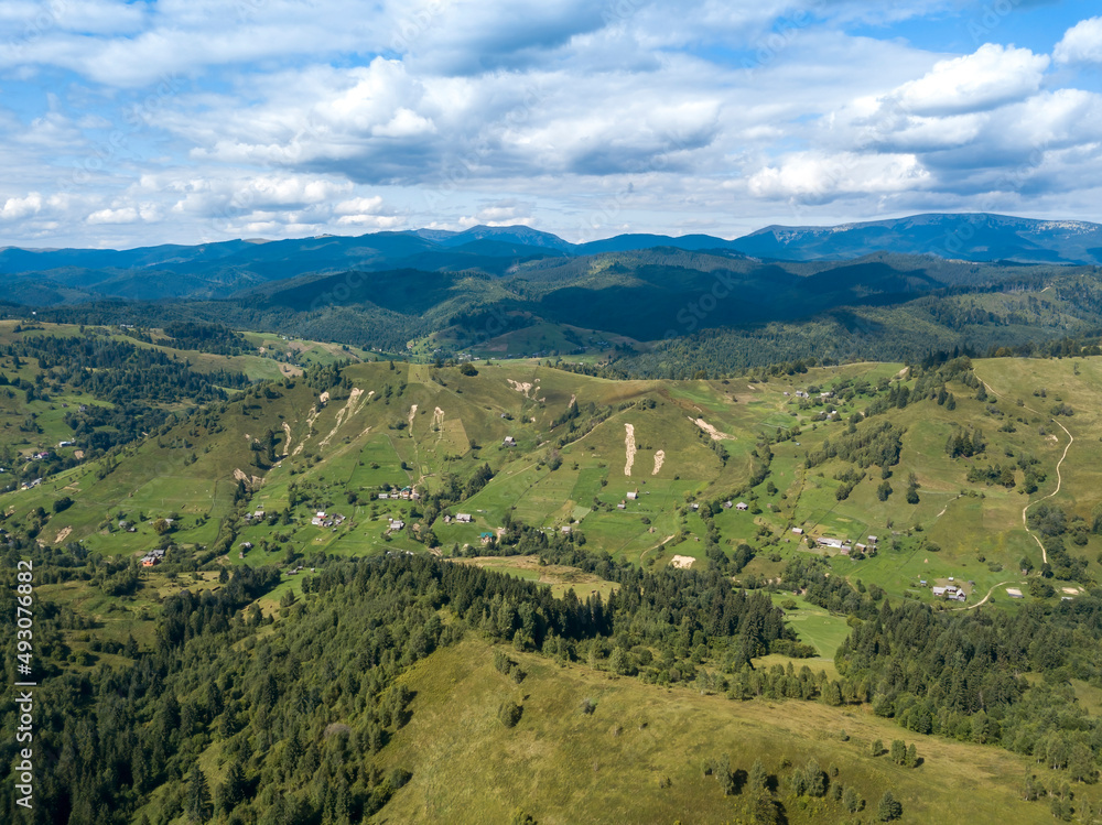 Obraz premium Green mountains of Ukrainian Carpathians in summer. Coniferous trees on the slopes. Aerial drone view.