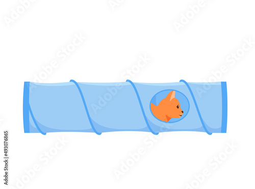 Cat tunnel. Cute red cat sits in collapsible toy tube. Hiding and resting place for indoor pet. Flat style vector 