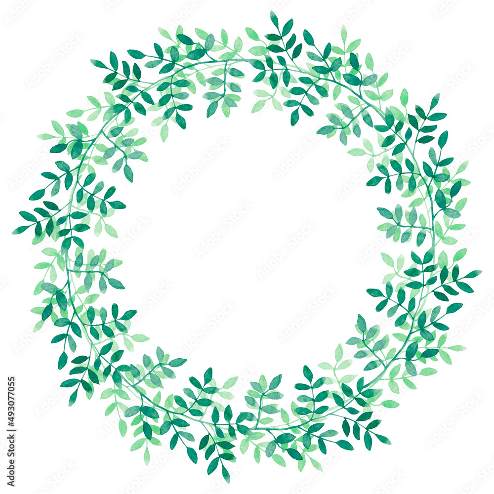 Wreath of green leaves and branches, painted in watercolor, isolated on a white background. Natural eco frame.