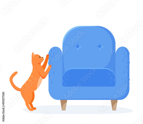 Ginger cat scratching chair. Nasty kitten destroying home furniture with claws. Bad behaved pet tearing sofa. Flat style vector