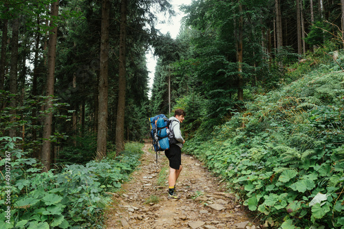 Male hiker with a backpack on his back walks on a mountain trail through the woods  back view.