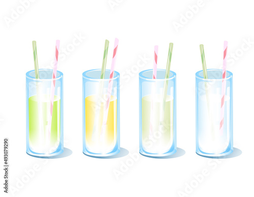 set of glasses with straws set of glasses with straws, glass cup with lemonade, vector image blue glass, green, yellow drink, isolated object